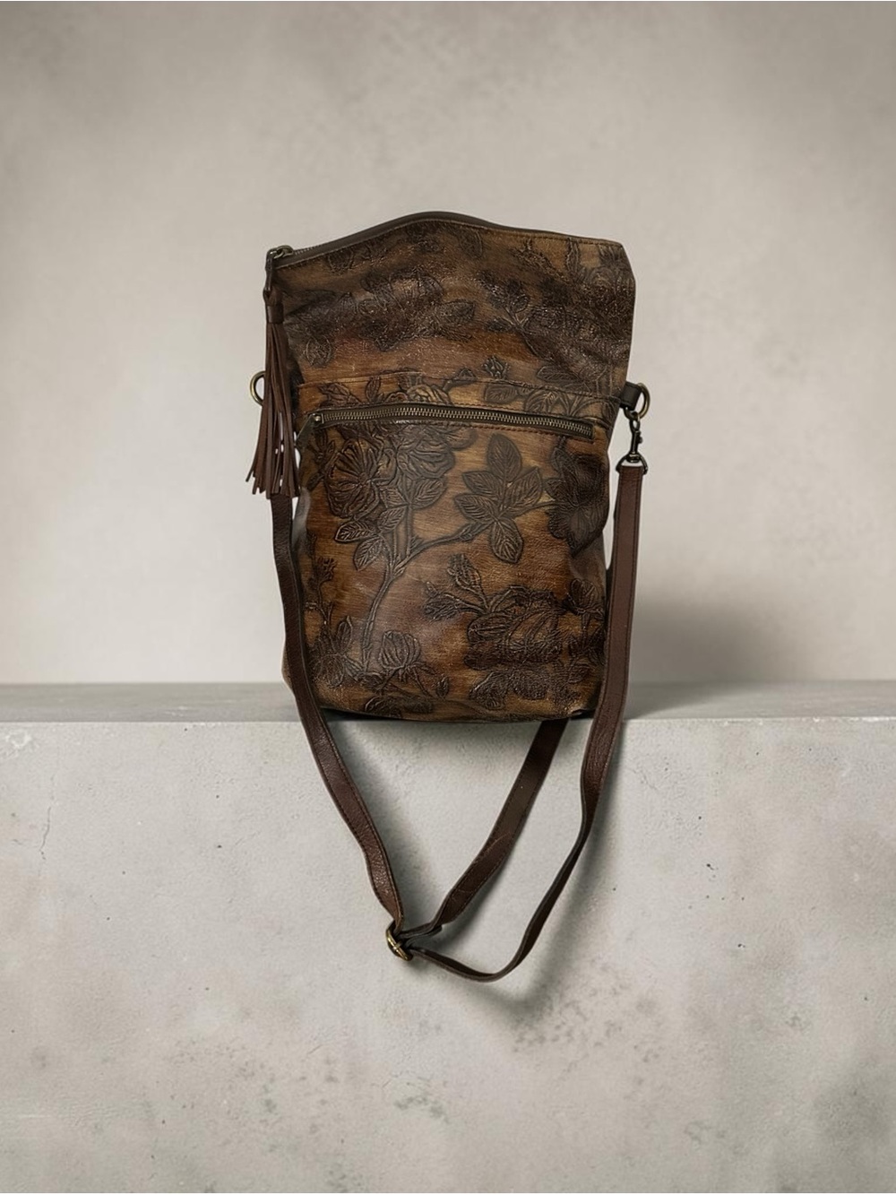 Patricia Nash Brown Rose Tooled Leather Foldover Crossbody Bag Tassel Boho